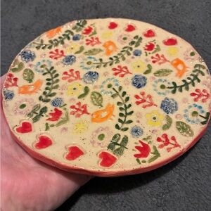 Handmade Floral Ceramic Trinket Dish — Multicolor Hearts & Birds